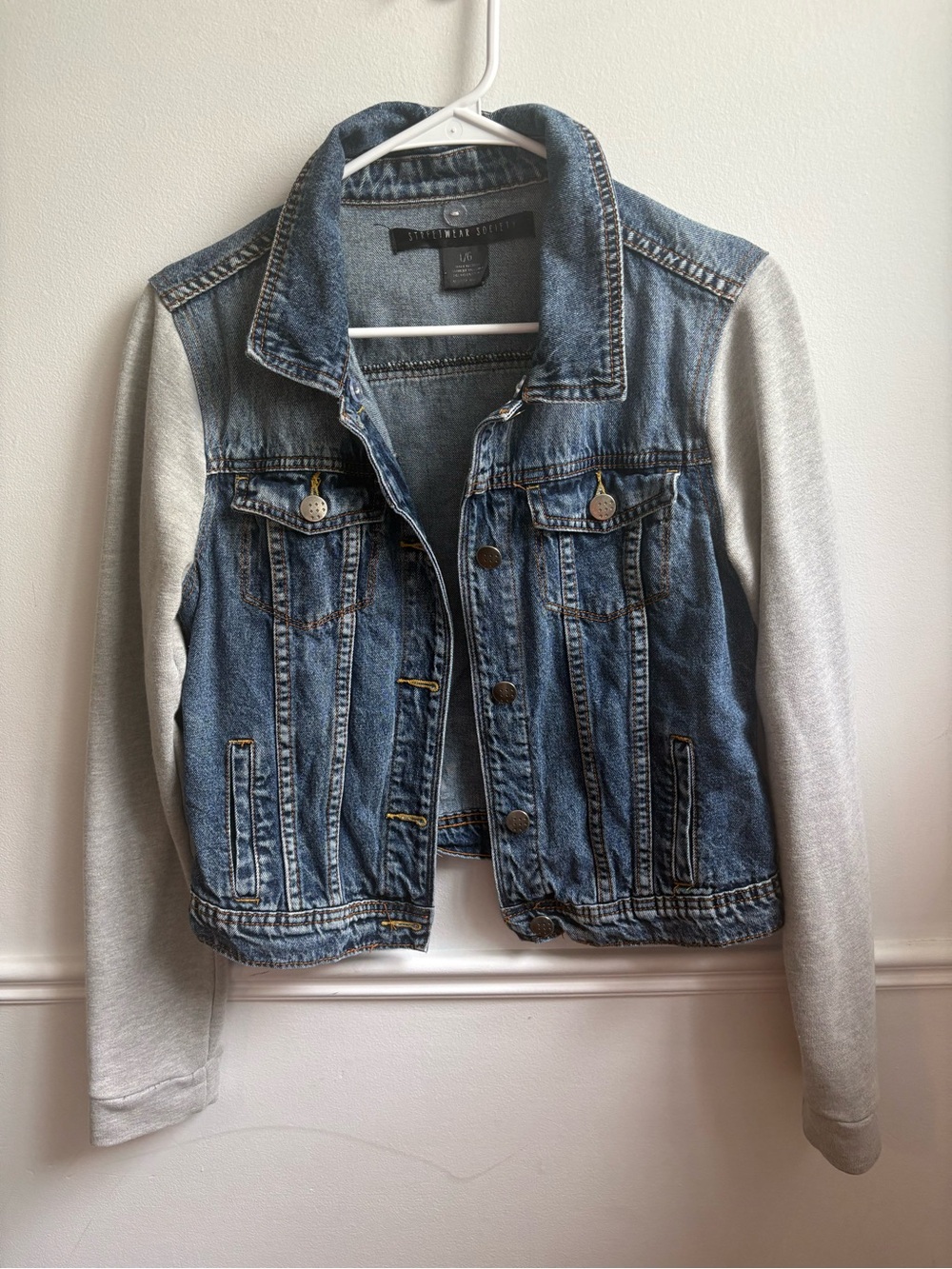 Streetwear Society Blue Denim Jacket with Light Gray Knit Sleeves